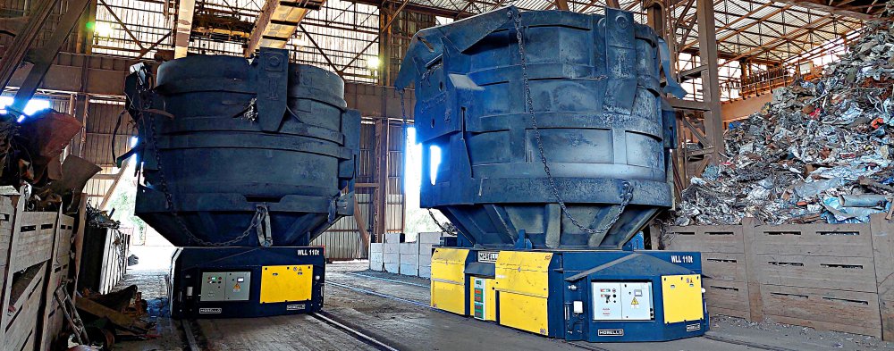 Battery-powered scrap basket transport trolleys by Morello for steel mills - 110 t
